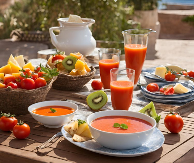 Los cuidados de mayores en verano son vitales.
Una mesa en una terraza en un día de verano con Gazpacho andaluz, Brochetas de fruta y Ensalada mediterránea.