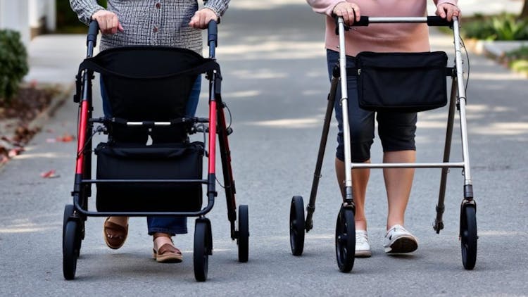 Andadores con ruedas o sin ruedas. Dos personas caminan con su respectivo andador